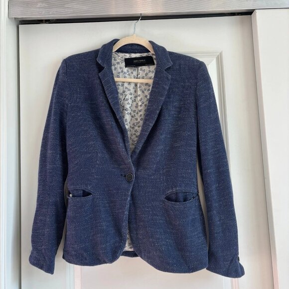 Zara Women’s Cotton Blazer Sz M Elbow Patch Academic Blue Career Office - Picture 1 of 9